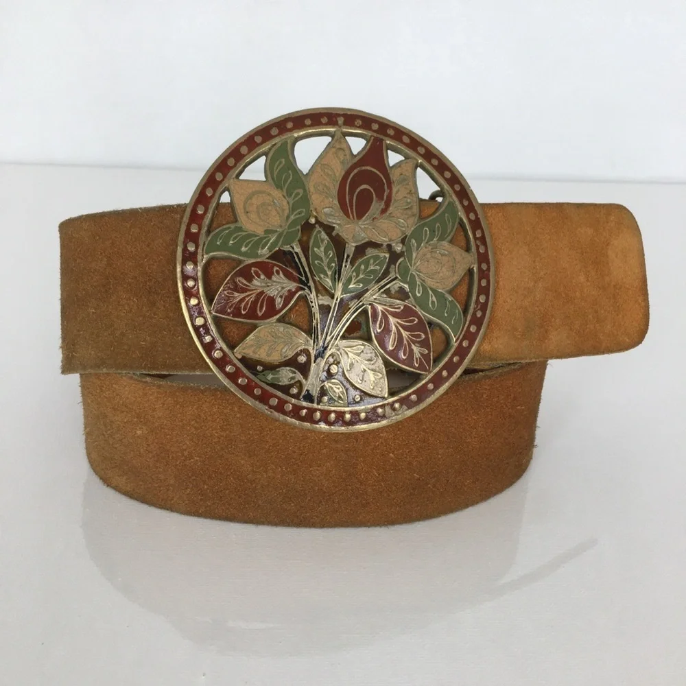 Rare 70s Vintage Leather Belt Brown Round Floral Enamel Buckle Retro Boho